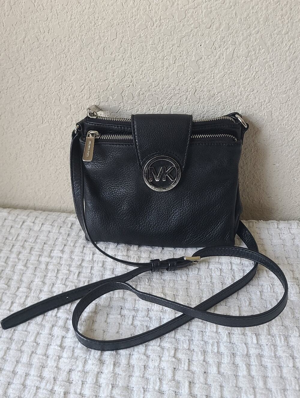 Michael Kors Black Pebbled Leather Small Crossbody with MK Emblem